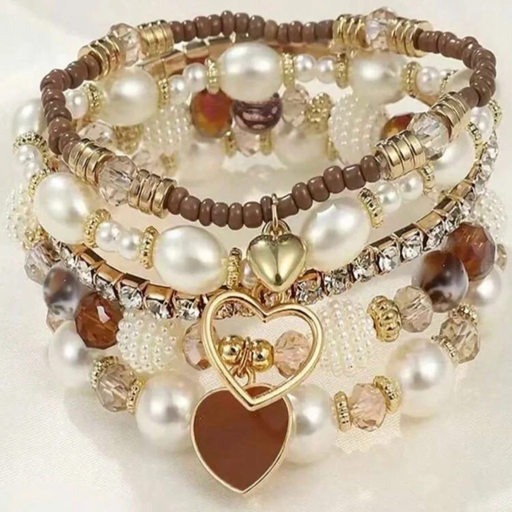 Boho Pearl & Crystal Heart Charm Bracelet Stack (5 Pieces) - Picture 3 of 6